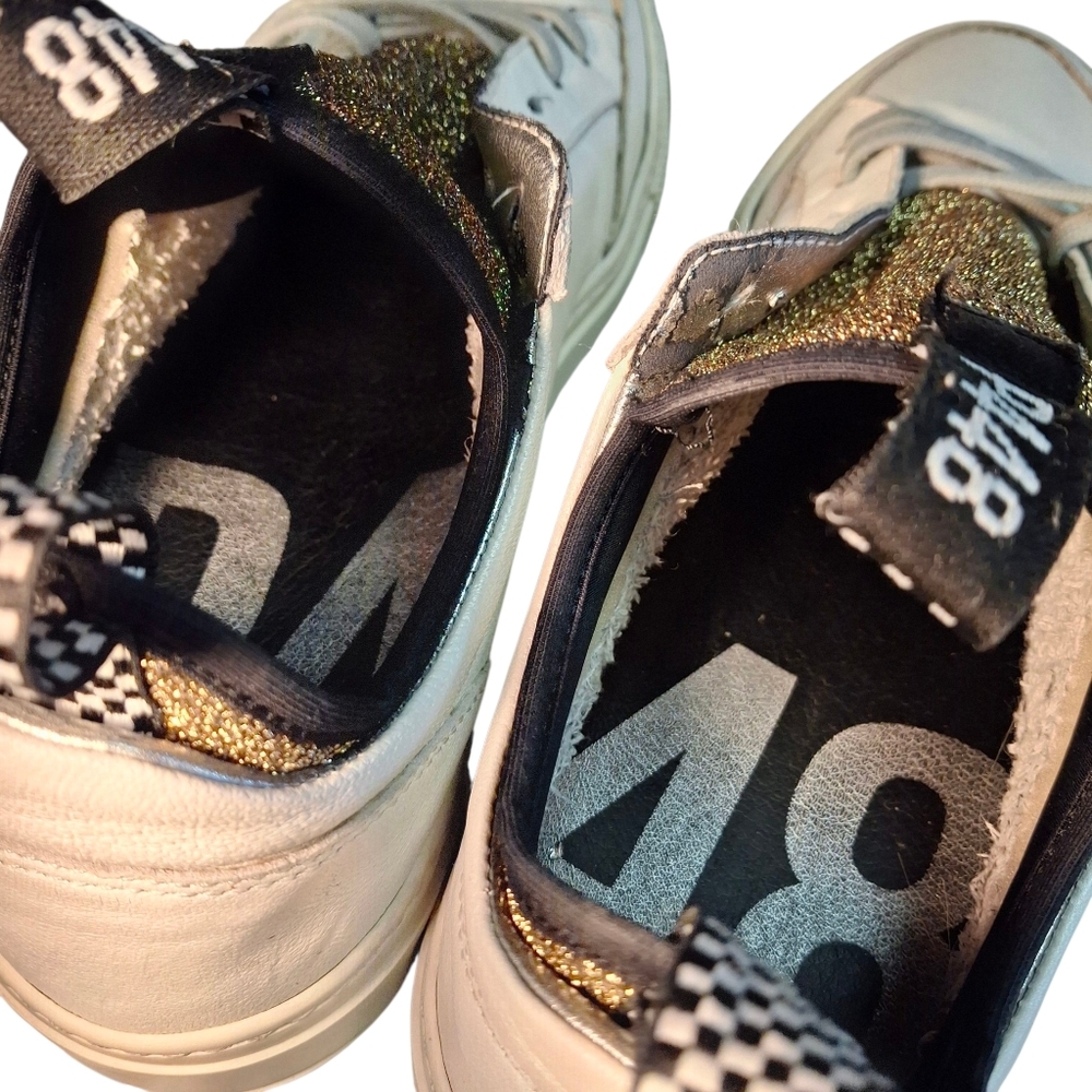 P448 You Can Surf Later White Leather Gold Glitter Tongue Sneakers Women Size 9 - Picture 11 of 16